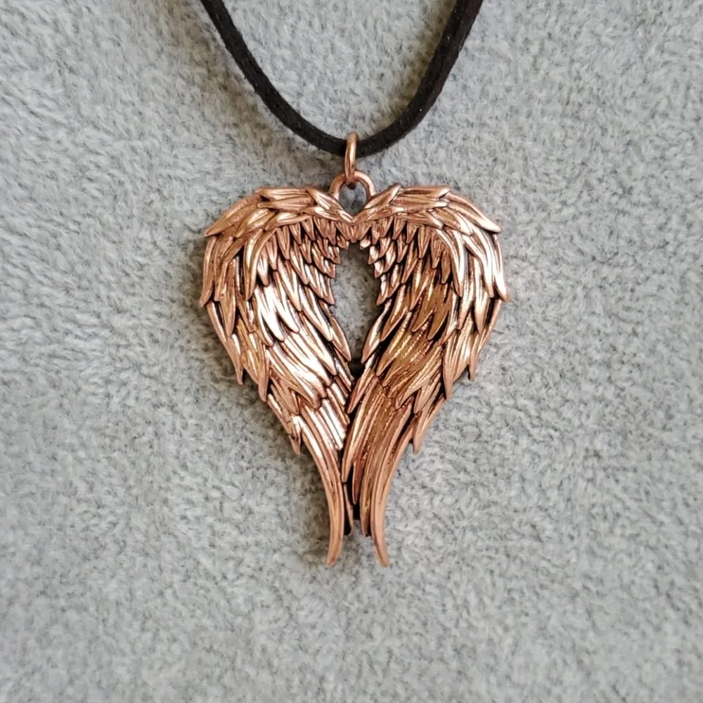 Mens copper angel wings black suede necklace